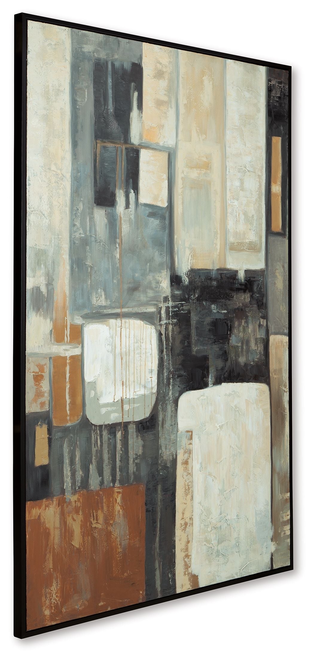 Abstract wall art, tilted view, with brown, black, gray, and cream geometric blocks