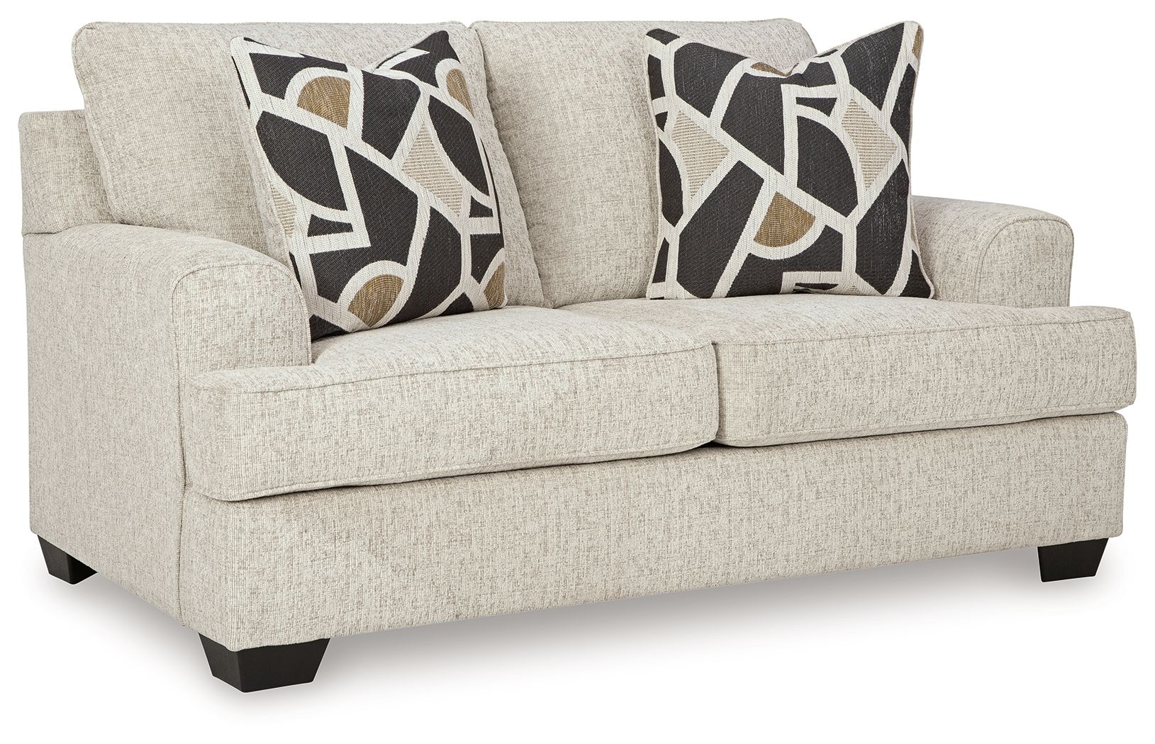 Light beige loveseat with square arms and two geometric black-and-beige throw pillows