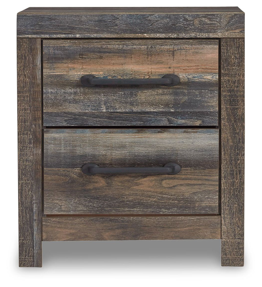Two-drawer night stand with rustic wood grain texture and two dark bar pulls