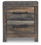 Two-drawer night stand with rustic wood grain texture and two dark bar pulls