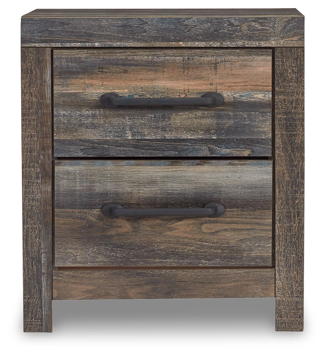 Two-drawer night stand with rustic wood grain texture and two dark bar pulls