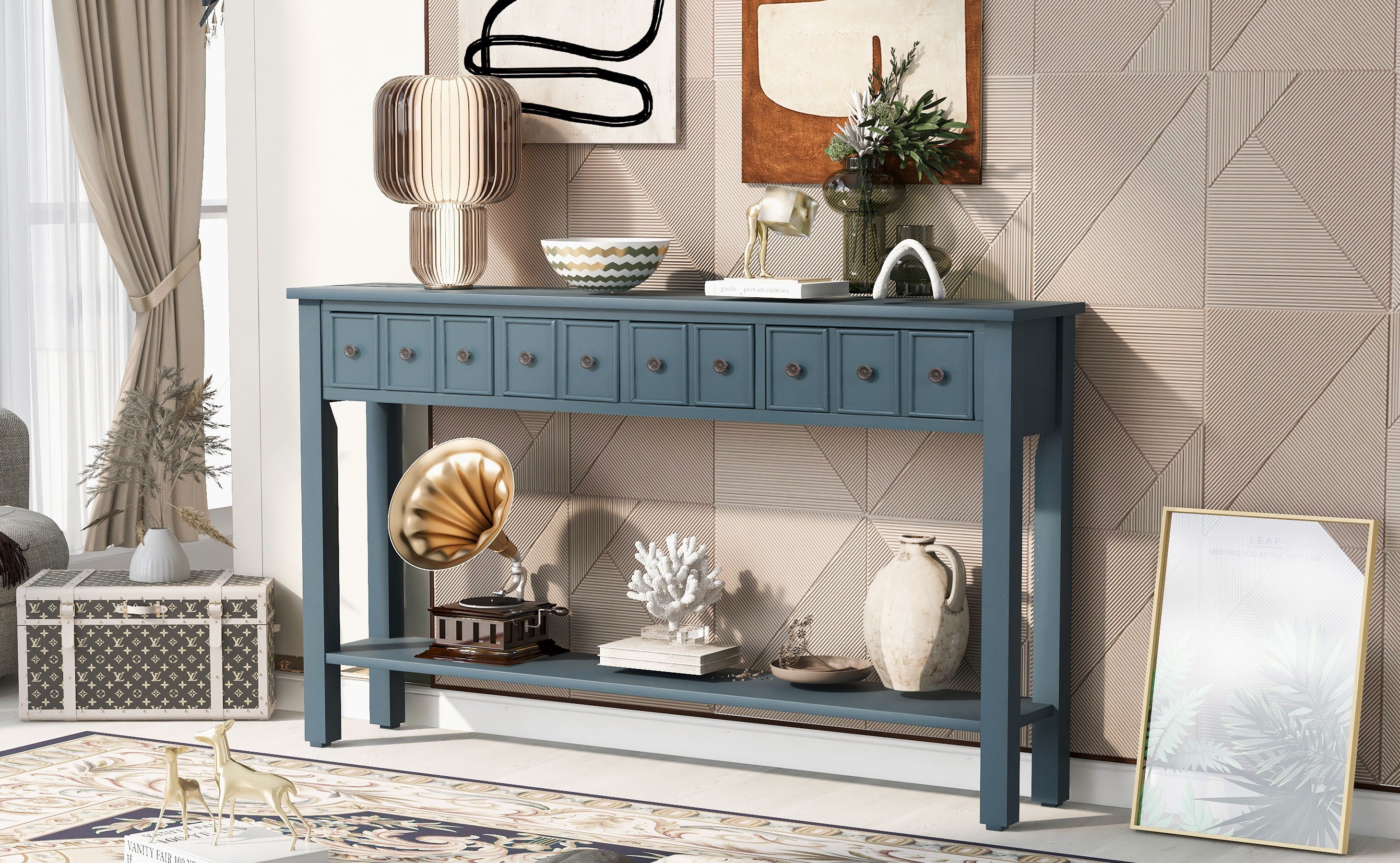 Trexm Rustic Entryway Console Table, 60" Long Sofa Table With Two Different Size Drawers And Bottom Shelf For Storage (Navy)
