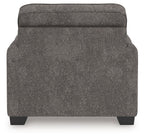 Dark gray upholstered chair and a half back panel with dark legs