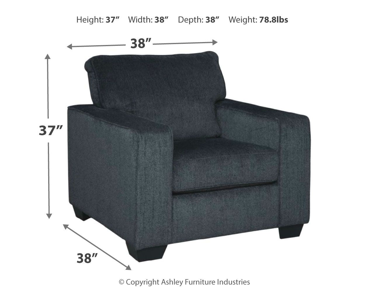 Dark gray fabric arm chair with tall backrest, padded arms, and boxy seat