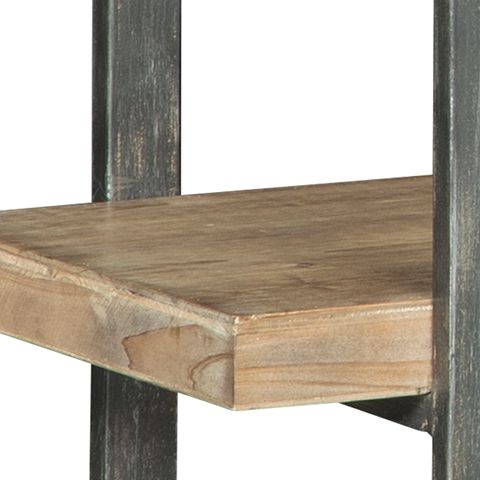 Wood shelf corner on dark metal bookcase frame with rustic brown finish