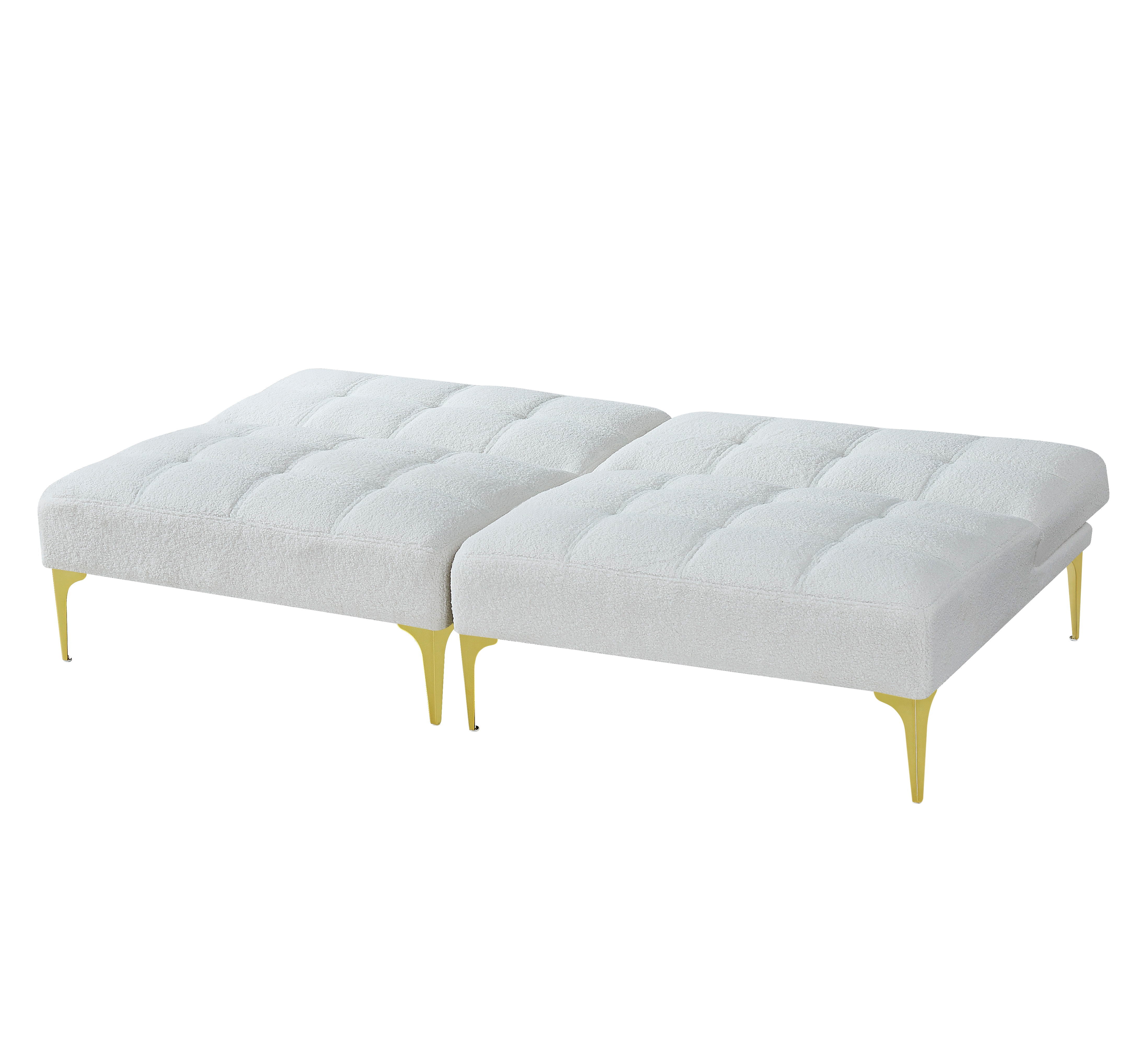 Convertible Sofa Bed Futon With Gold Metal Legs Teddy Fabric White