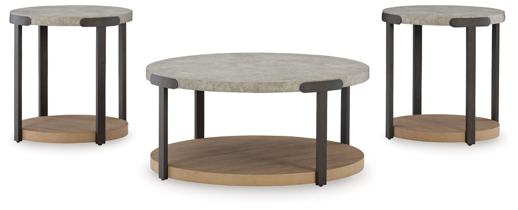 Three round nesting tables with gray tops and light brown wood bases