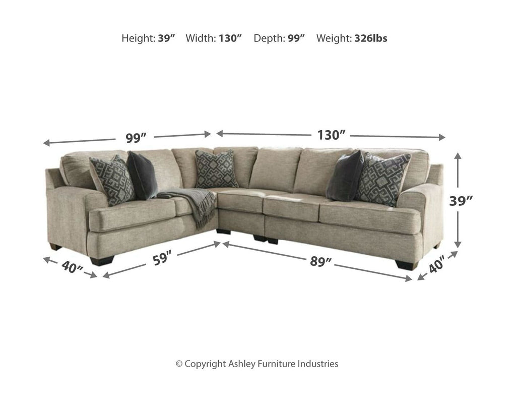 Beige sectional sofa dimensions: H39 in, W130 in, D99 in