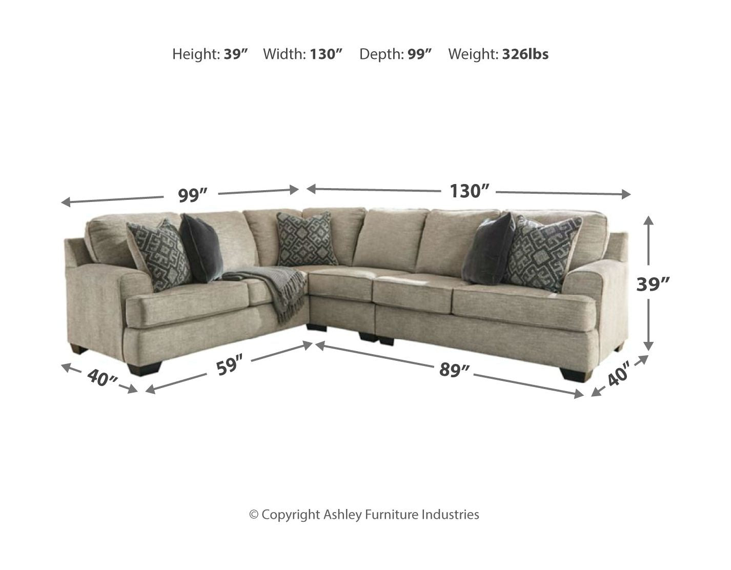 Beige sectional sofa dimensions: H39 in, W130 in, D99 in