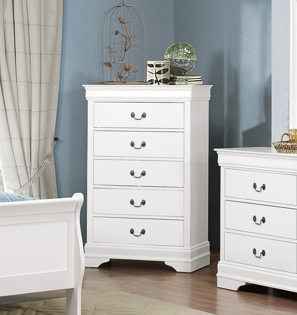 White Traditional Bedroom Chest 5 Drawers Antique Handles