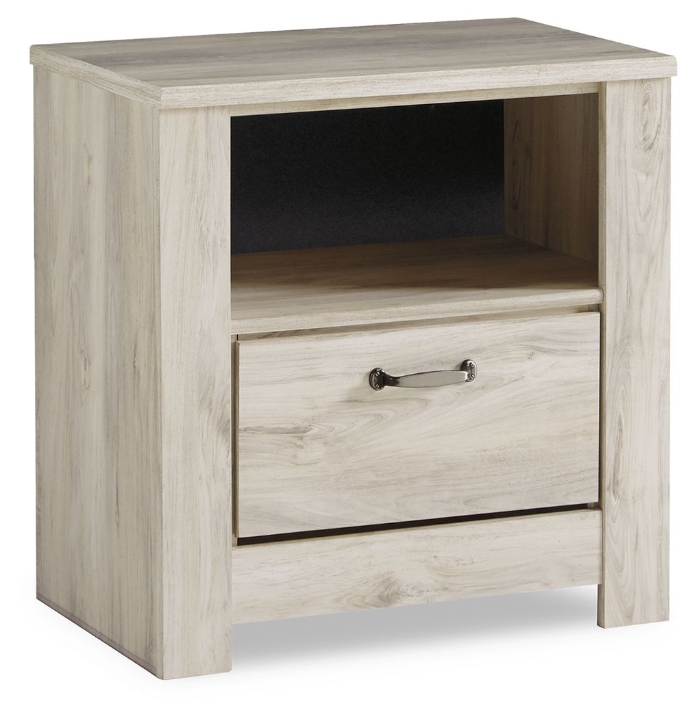 Whitewash one-drawer nightstand with open shelf and bar-style drawer handle