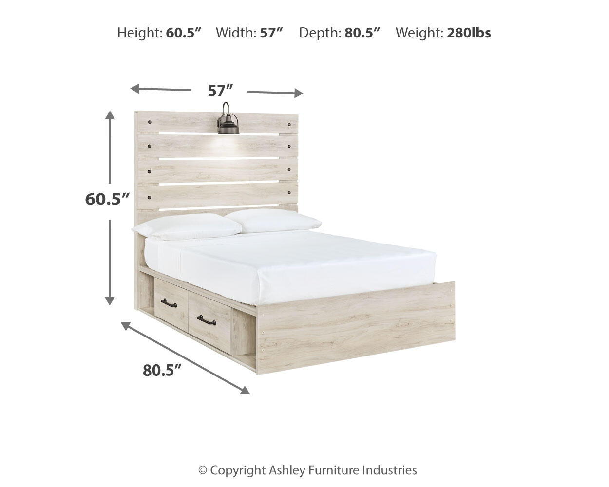 Beige panel bed with white mattress and two front storage drawers, size dimensions