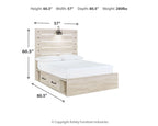 Beige panel bed with white mattress and two front storage drawers, size dimensions