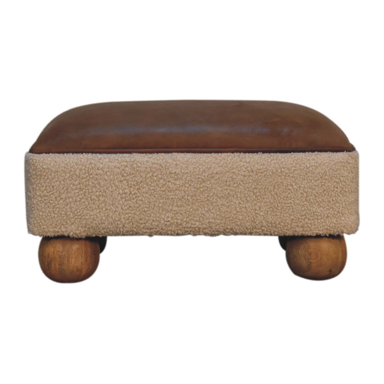 Vintage Leather & Boucle Ball Footstool - Solid Wood