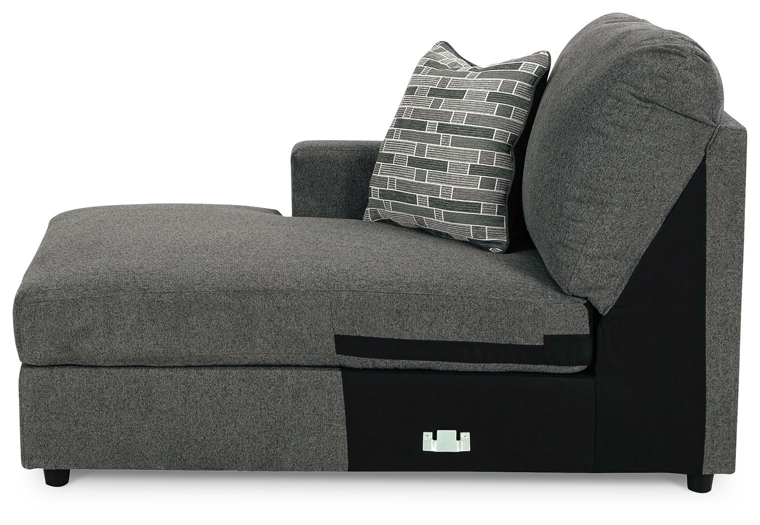 Dark gray corner chaise with backrest and gray-and-white patterned throw pillow