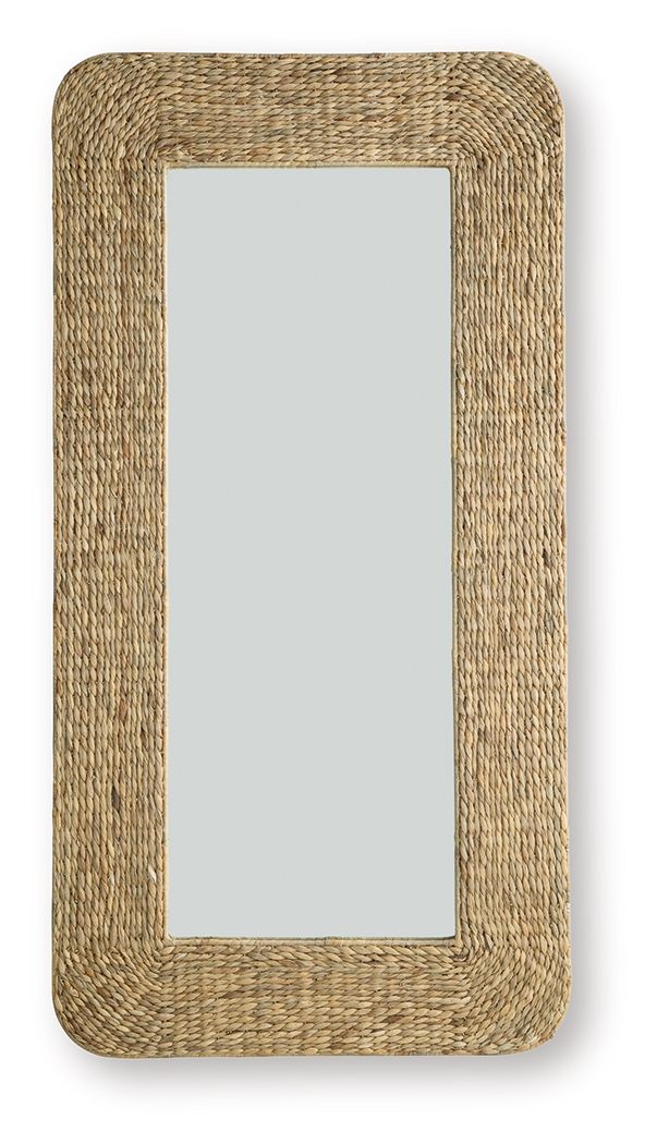 Natural woven floor mirror with rounded rectangular frame