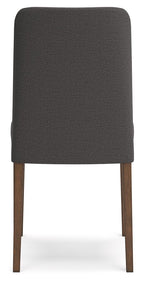 Dark gray upholstered dining side chair with tall backrest and wooden legs