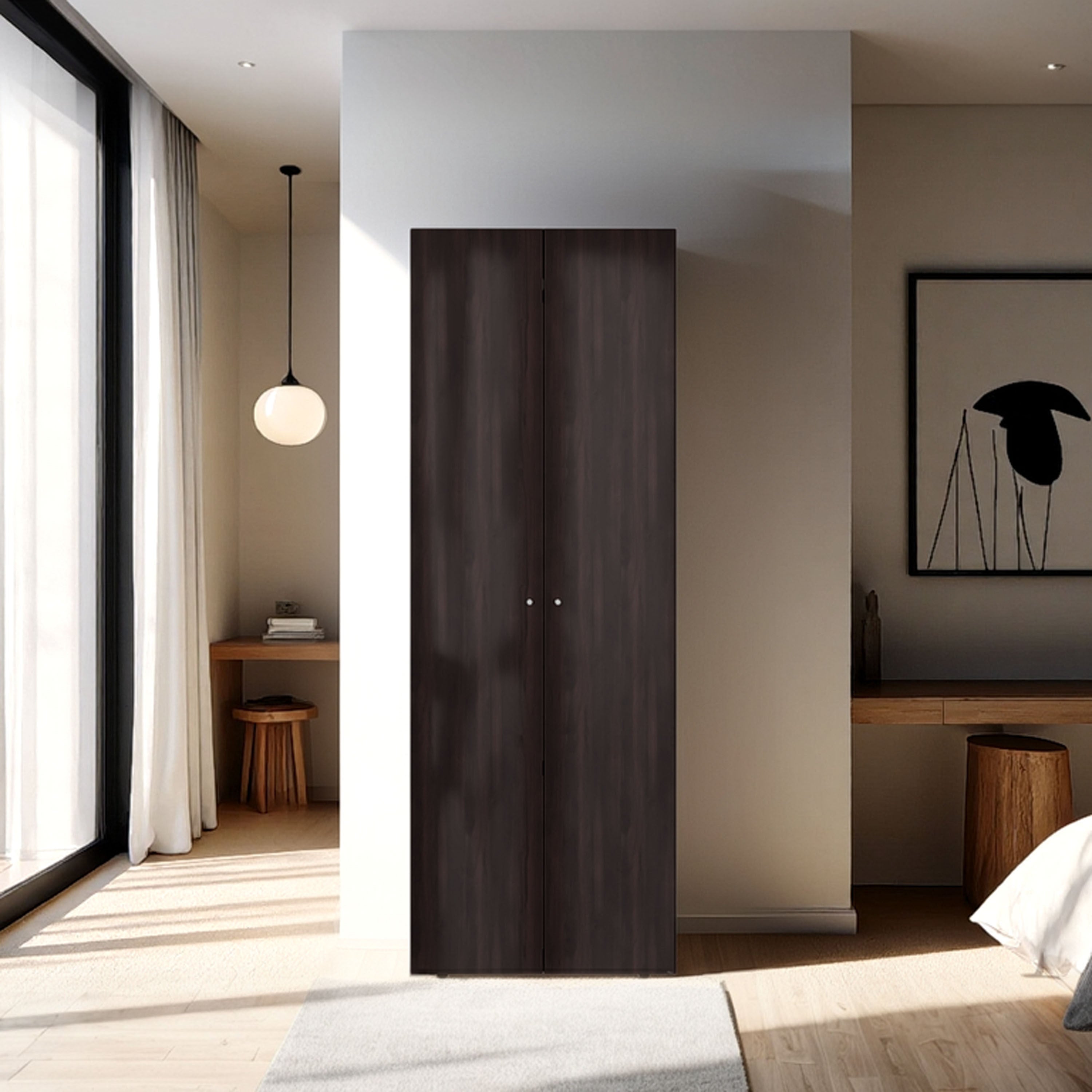 Modern Walnut Black Wengue 2-Door 4-Shelf Armoire