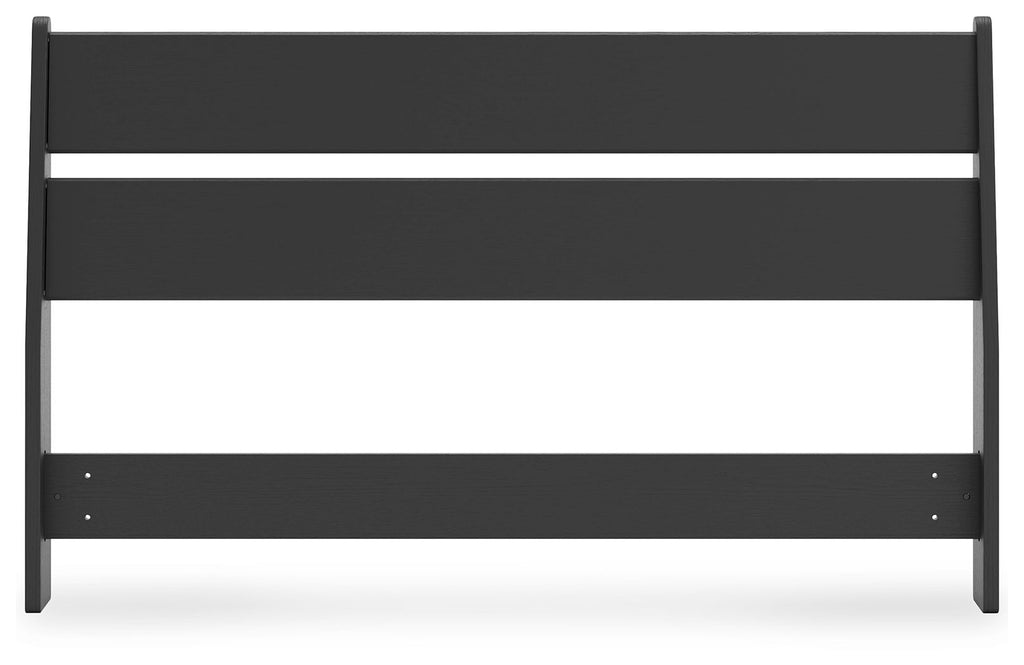 Black panel headboard with three horizontal slats and side leg posts