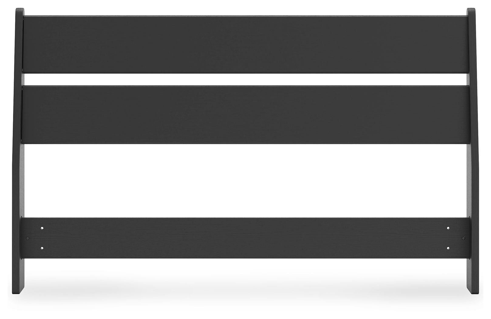 Black panel headboard with three horizontal slats and side leg posts