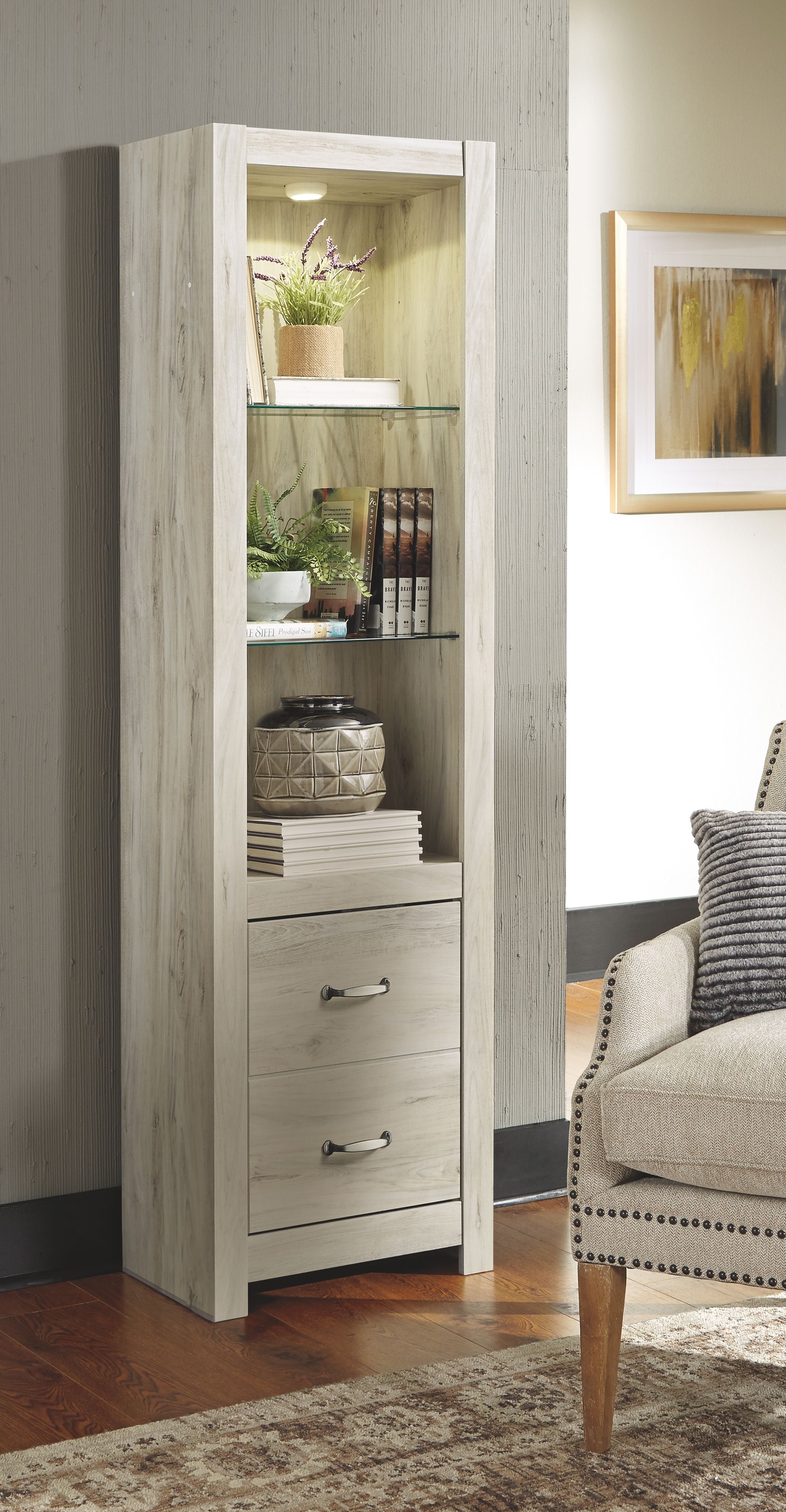 Whitewash display cabinet with glass shelves and two drawers, metal bar pulls