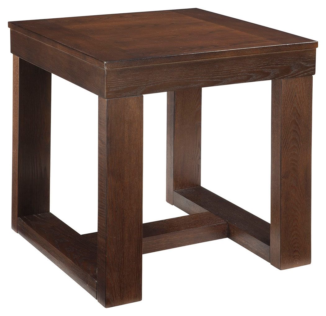 Square end table in dark brown wood finish with open lower shelf