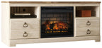 Whitewash TV stand with faux fireplace insert and two storage doors