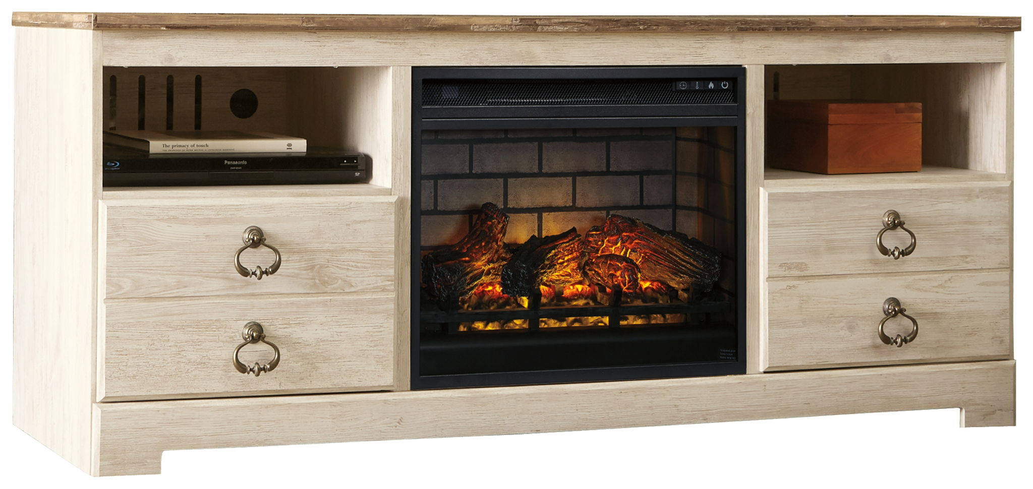 Whitewash TV stand with faux fireplace insert and two storage doors