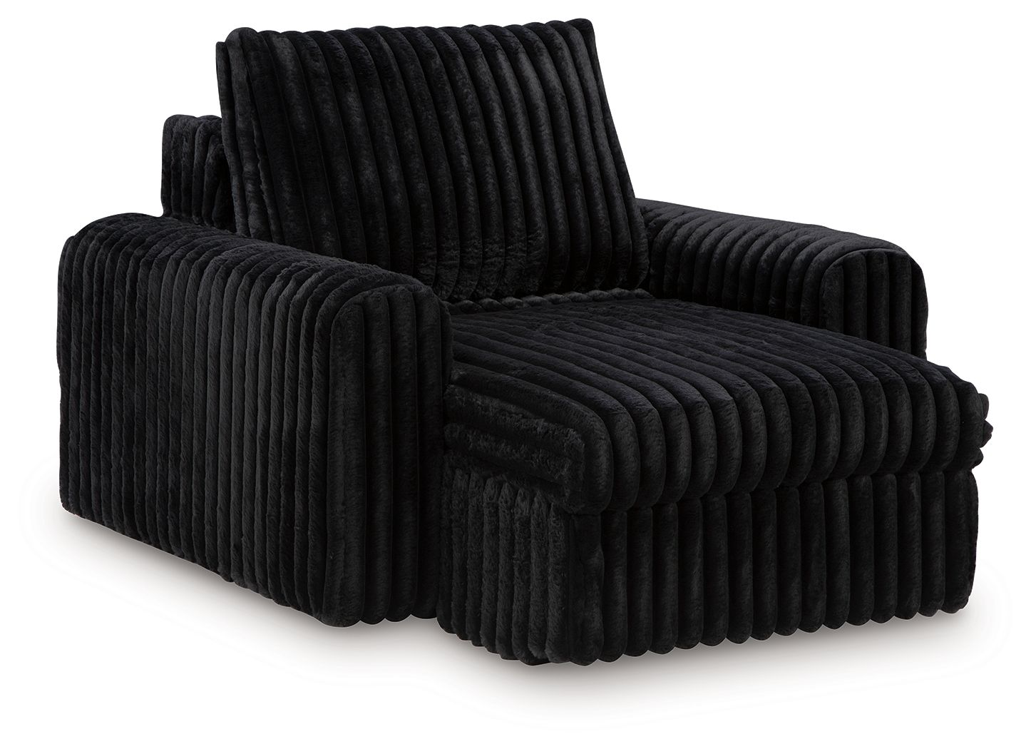 Onyx corduroy power gliding chaise with rounded arms and raised backrest.