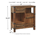 Light brown accent cabinet with open shelves and two drawer compartments, bronze hardware