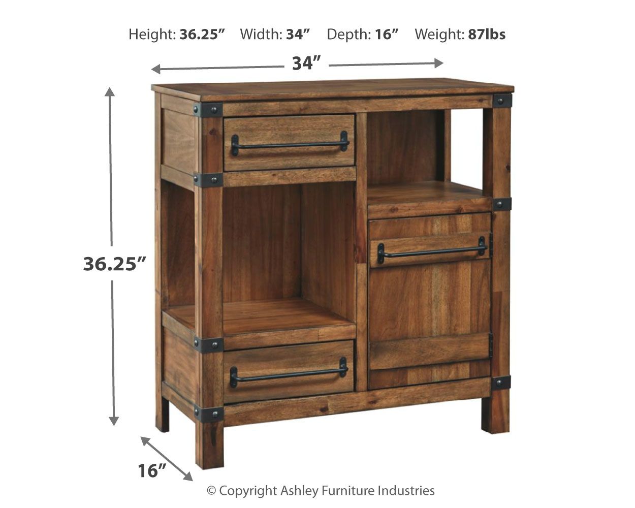 Light brown accent cabinet with open shelves and two drawer compartments, bronze hardware
