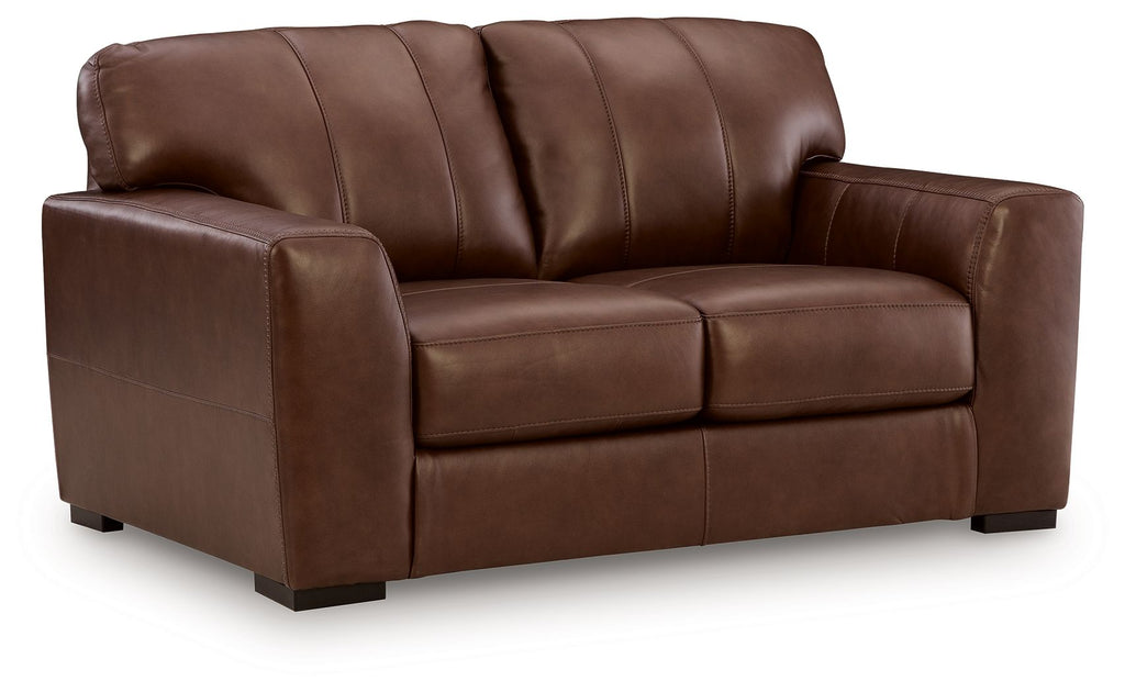 Brown leather-look loveseat with tufted back and track arms, two-seat