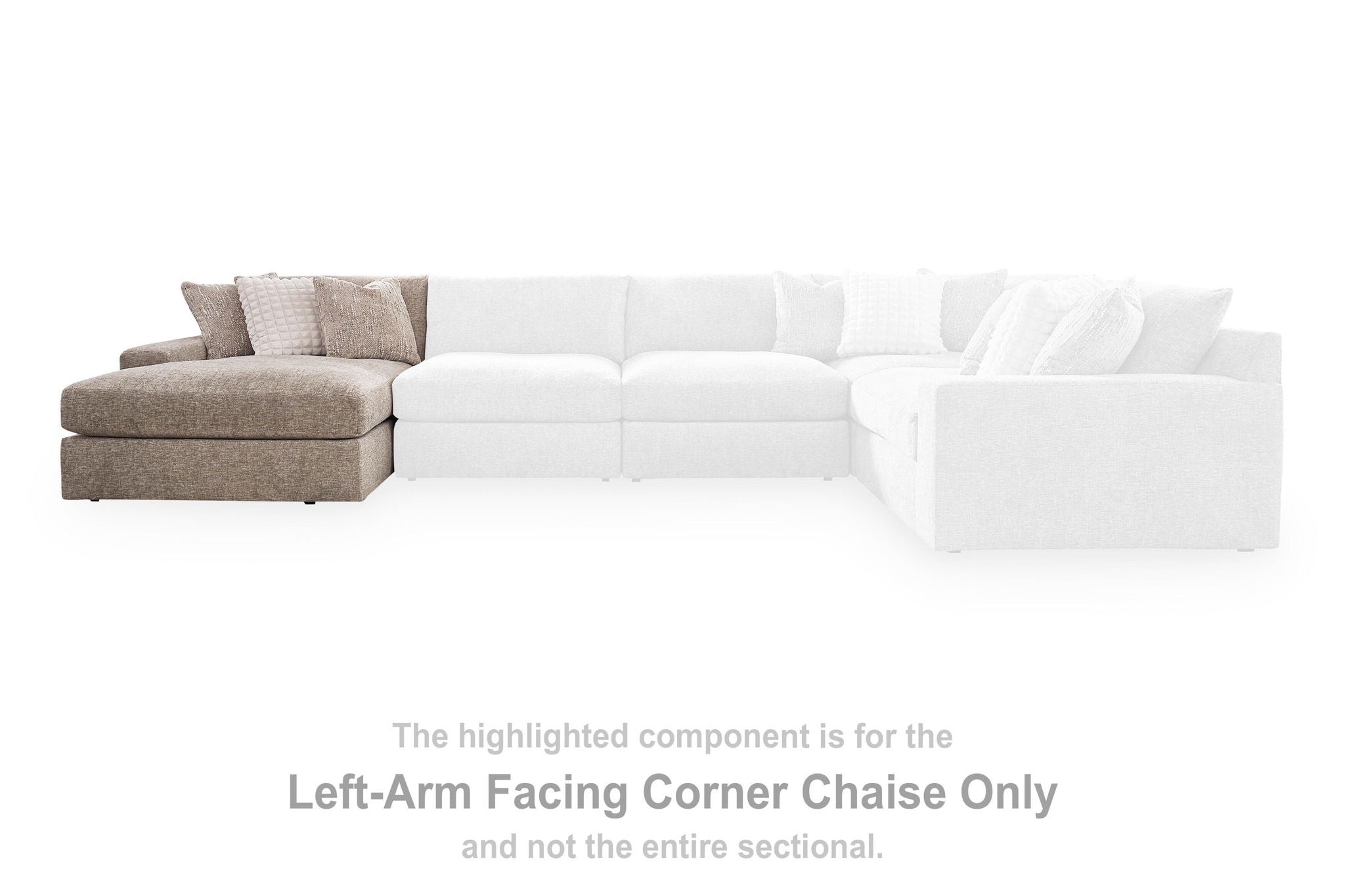 Gray left-arm corner chaise section with tufted throw pillows and low armrests