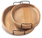 Wooden serving tray set of 2 with black metal handles, overlapping top-down view.