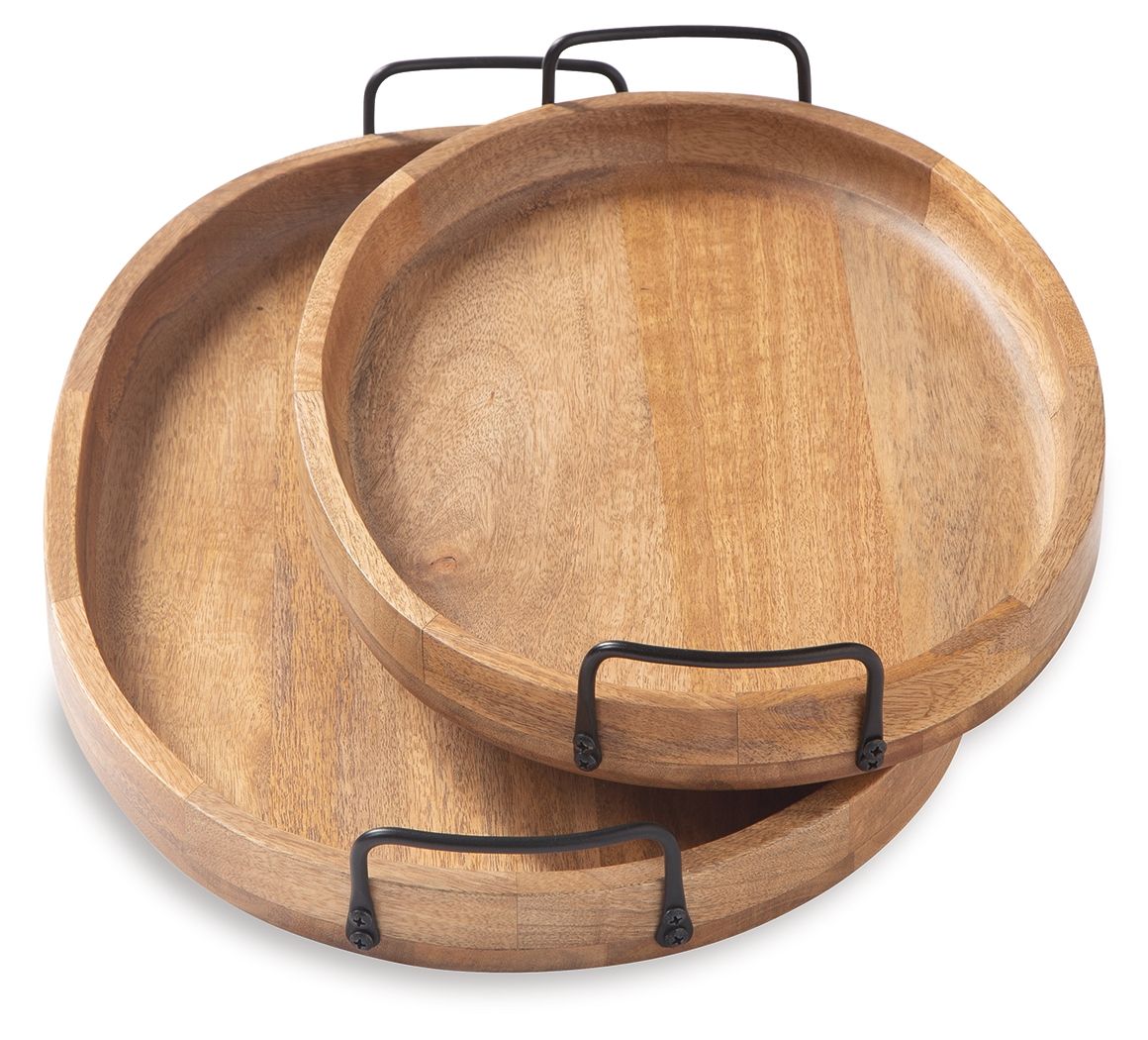 Wooden serving tray set of 2 with black metal handles, overlapping top-down view.