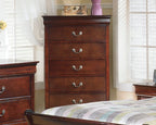 Reddish brown wooden chest with five drawers and curved metal handles