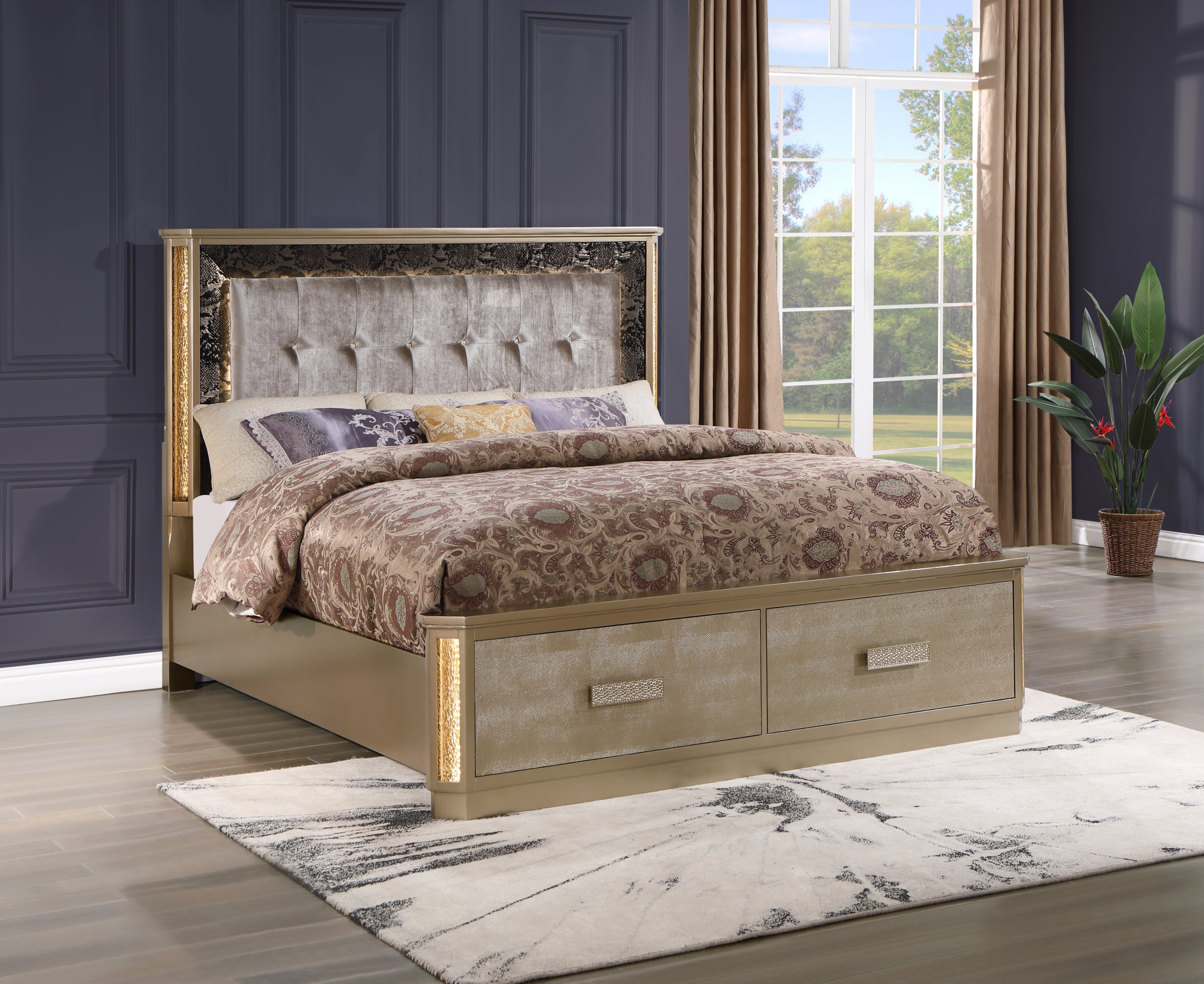 Medusa Gold Wood Queen Bed Frame - CA Inventory