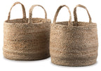 Woven basket set of 2, round tan baskets with braided handles