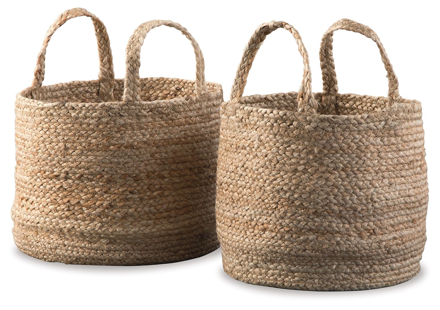 Woven basket set of 2, round tan baskets with braided handles
