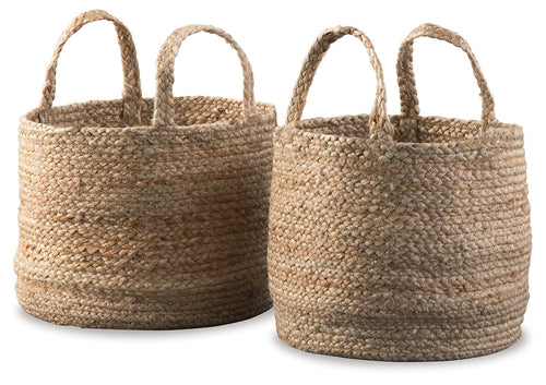 Woven basket set of 2, round tan baskets with braided handles