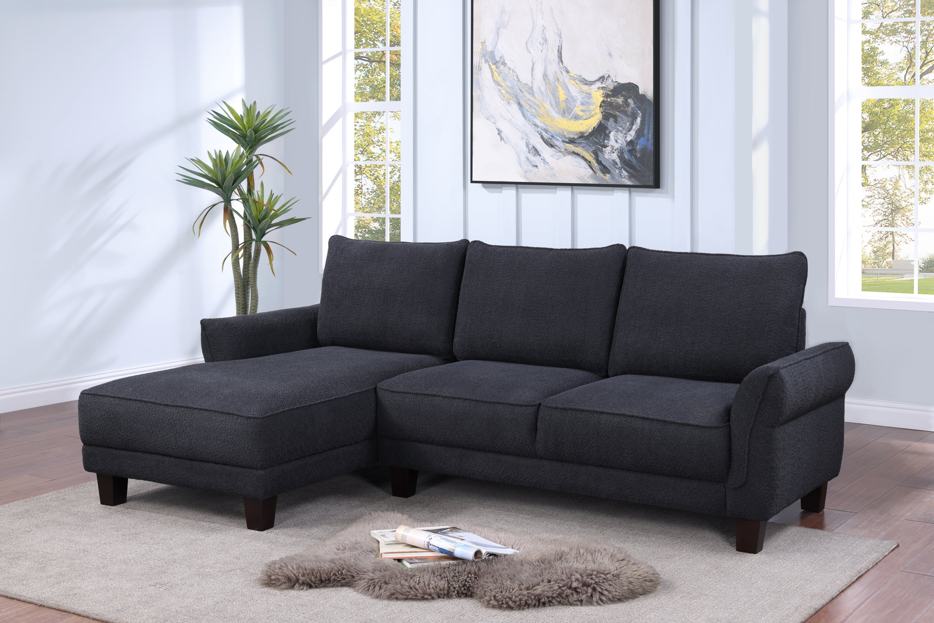 Belle 96" Black Sherpa Sectional Sofa with Left-Facing Chaise