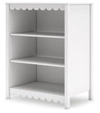 White bookcase cabinet with side panels, three open shelves, scalloped edges