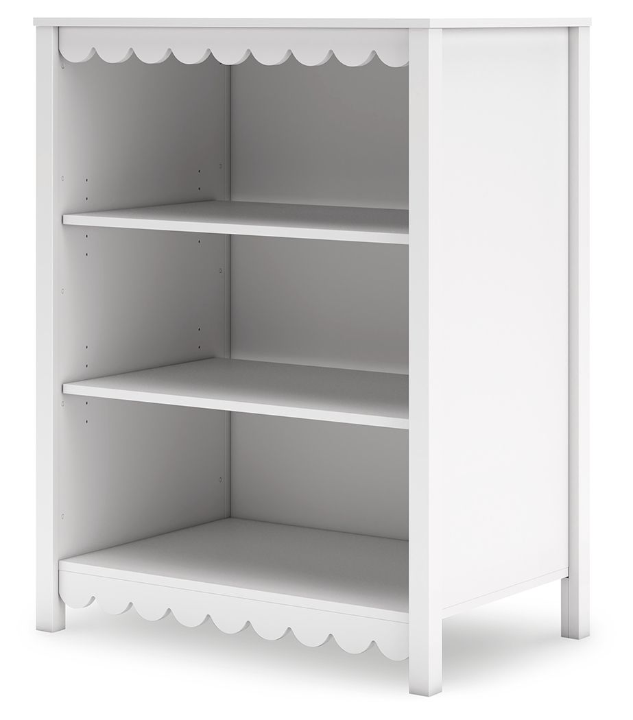 White bookcase cabinet with side panels, three open shelves, scalloped edges