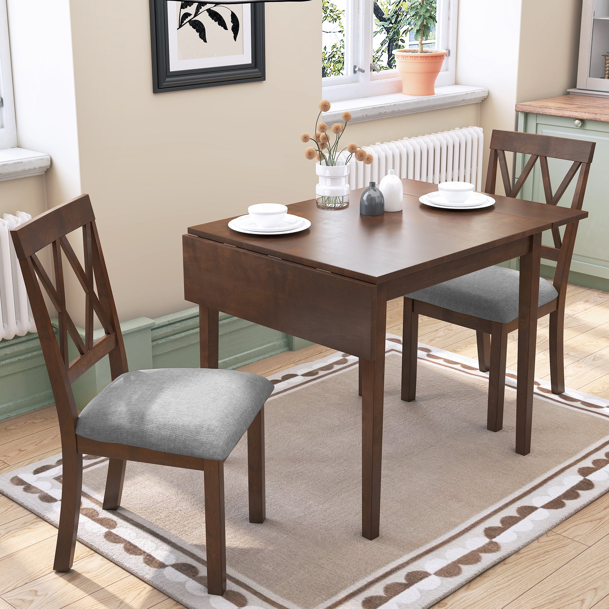 3 Piece Drop Leaf Kitchen Dining Set - Brown
