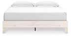 Beige platform bed with white headboard and footboard, front-facing view