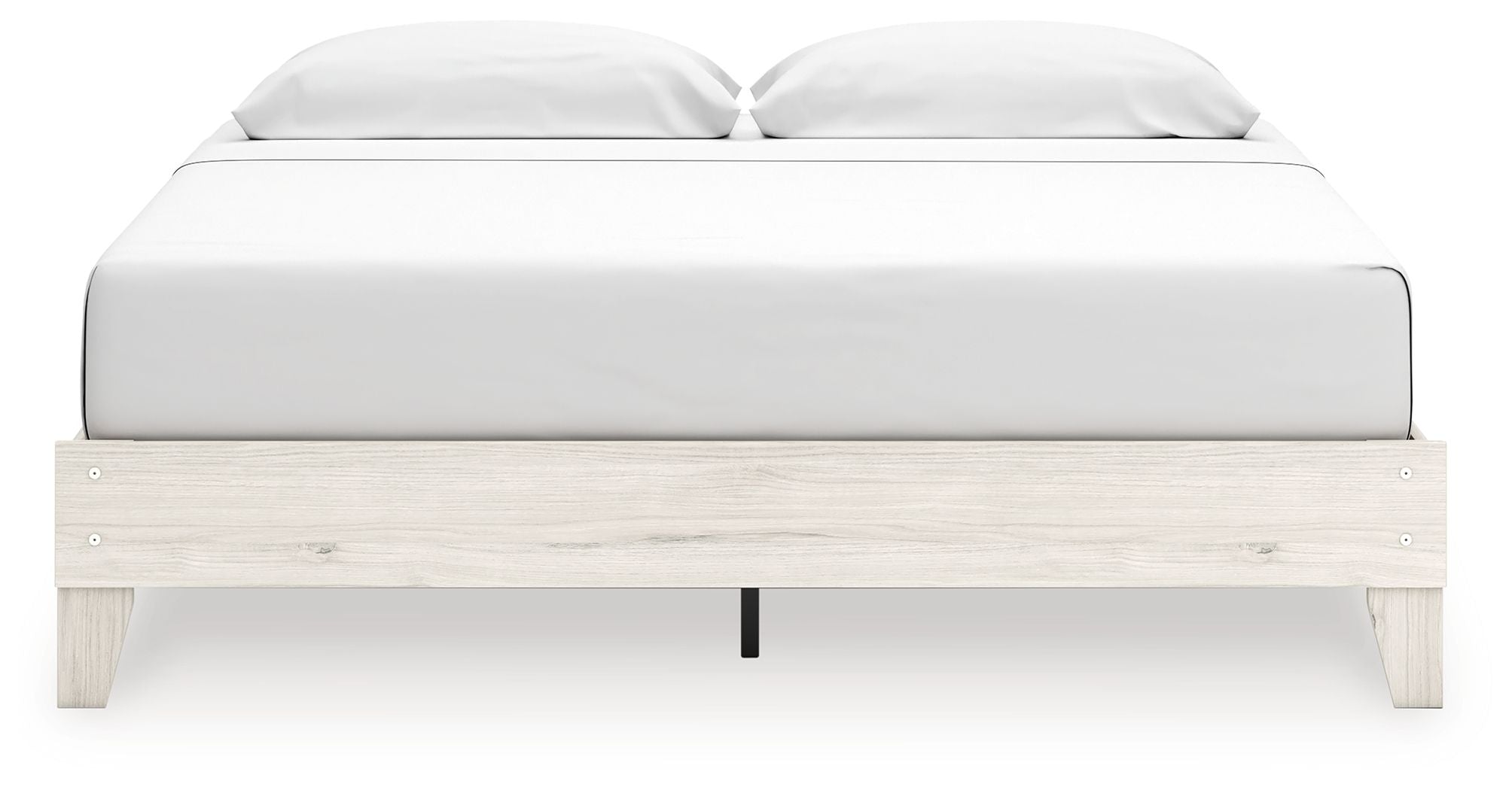 Beige platform bed with white headboard and footboard, front-facing view