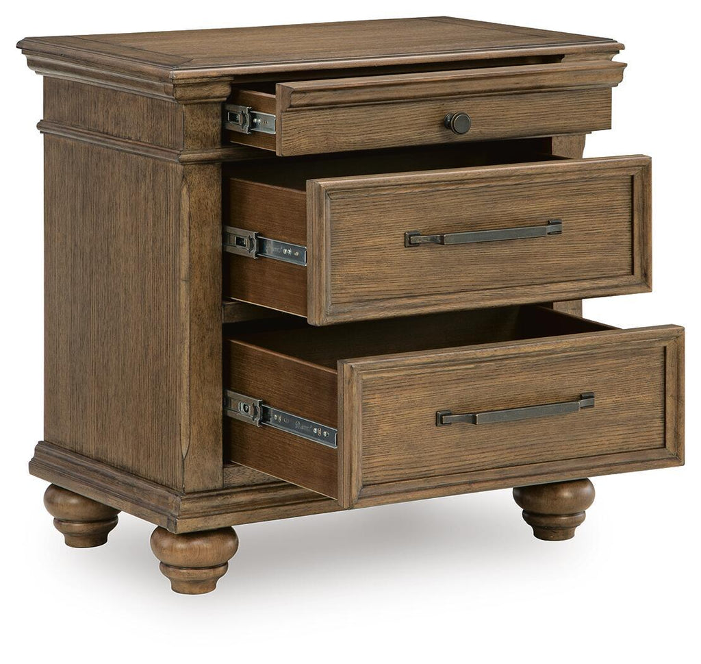 Medium brown nightstand with open top drawer and two lower drawers, metal bar pulls