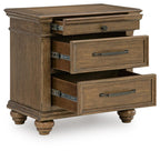 Medium brown nightstand with open top drawer and two lower drawers, metal bar pulls