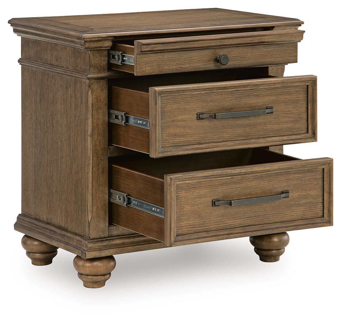 Medium brown nightstand with open top drawer and two lower drawers, metal bar pulls