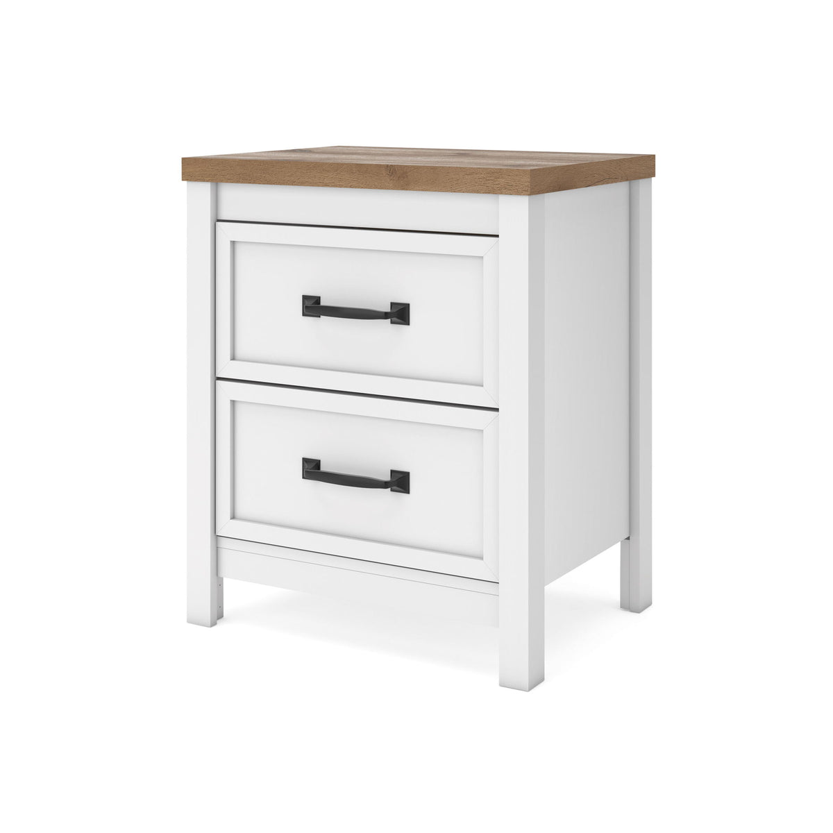 White two-drawer nightstand with brown top and black bar drawer pulls